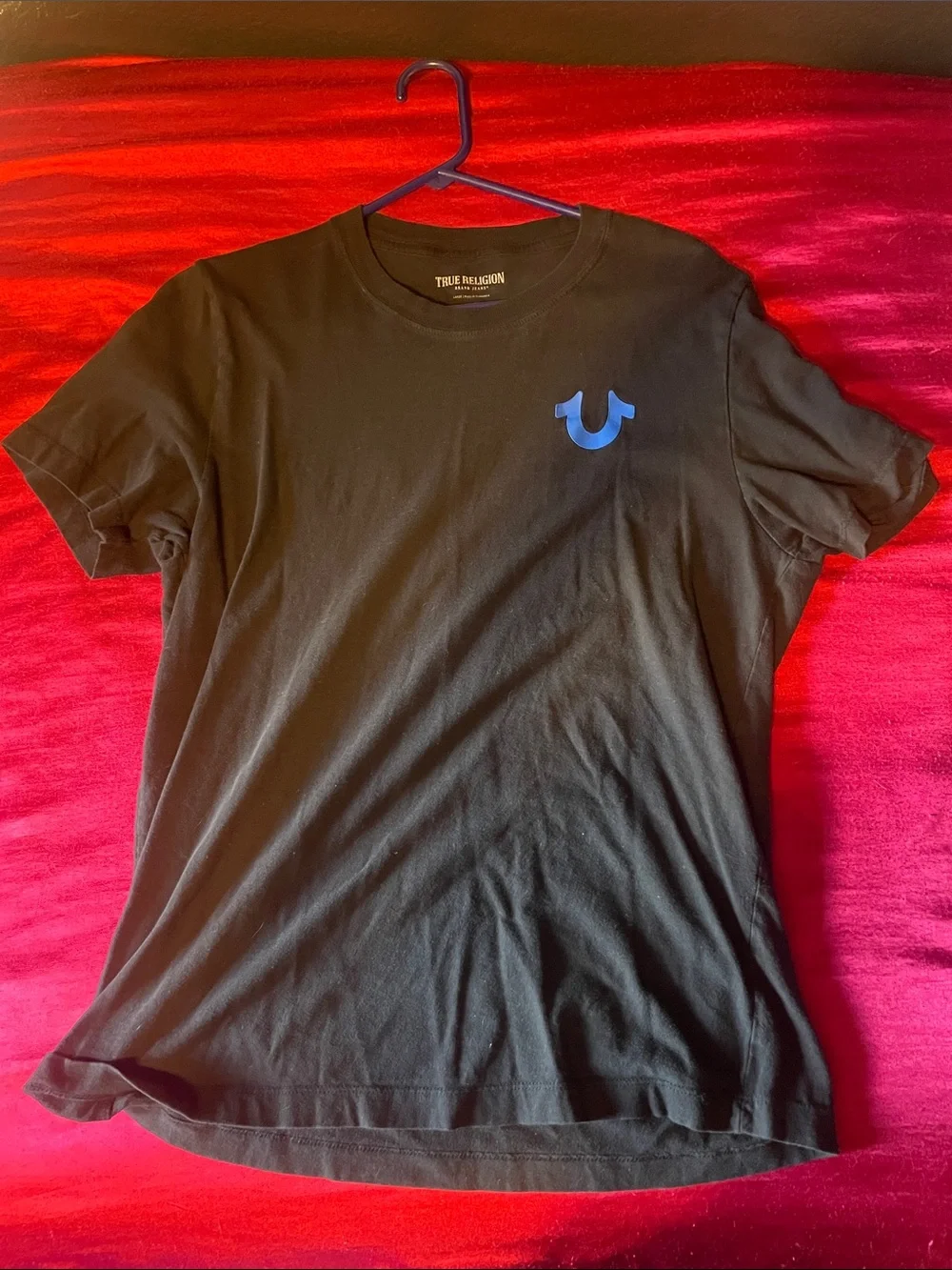 True Religion Men’s Black Short Sleeve Tee with Blue Horseshoe Logo